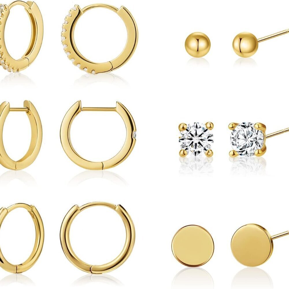 Stud Hoop Earrings Set Gold Filled CZ Hypoallergenic Multiple Piercing